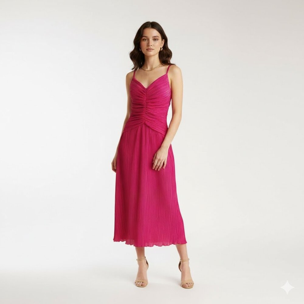 VINTAGE OPERA BY RICHARDS Hot Pink Plissé Midi Dress | Ruched | Best fit sS/M